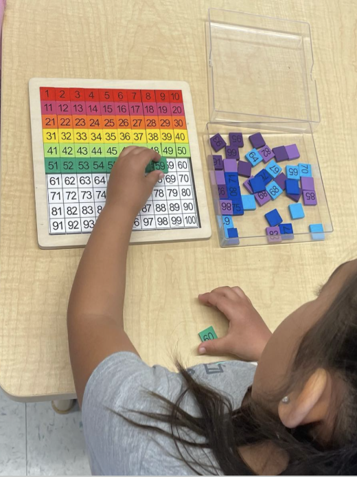 Photograph of student working with the hundreds board material.